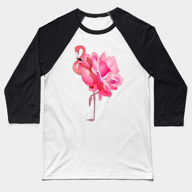 Flamingo Rose Pink Flamingo and Flower Baseball T-Shirt by TammyWinandArt